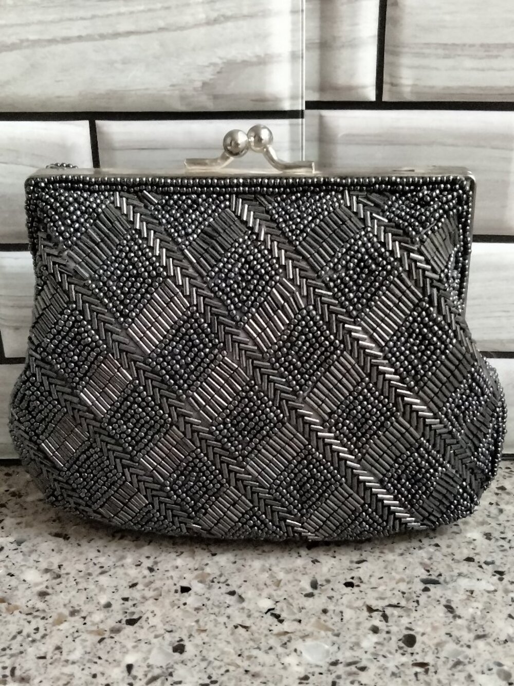 Vintage Handmade Grey Beaded Diamond Pattern Evening Bag